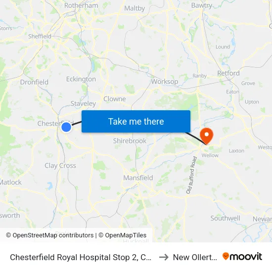 Chesterfield Royal Hospital Stop 2, Calow to New Ollerton map