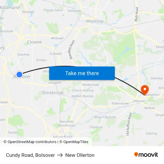 Cundy Road, Bolsover to New Ollerton map