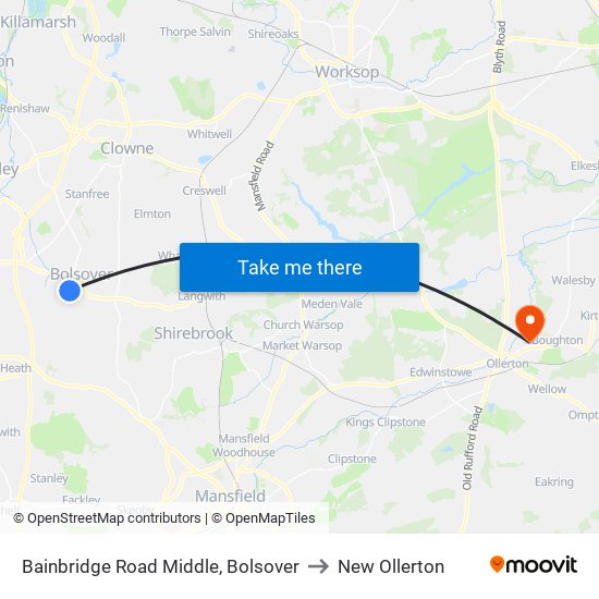 Bainbridge Road Middle, Bolsover to New Ollerton map
