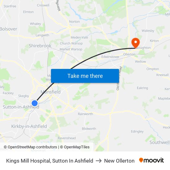 Kings Mill Hospital, Sutton In Ashfield to New Ollerton map