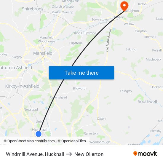 Windmill Avenue, Hucknall to New Ollerton map