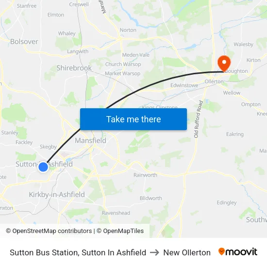 Sutton Bus Station, Sutton In Ashfield to New Ollerton map