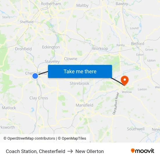 Coach Station, Chesterfield to New Ollerton map