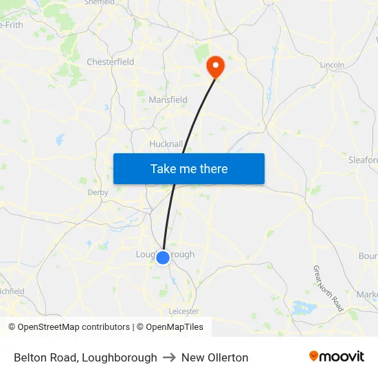Belton Road, Loughborough to New Ollerton map