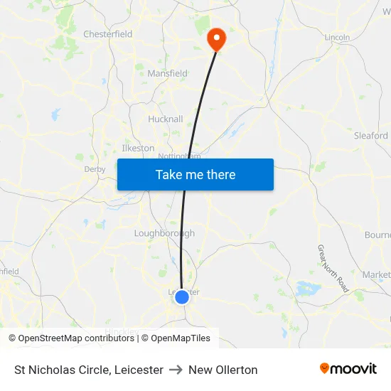 St Nicholas Circle, Leicester to New Ollerton map