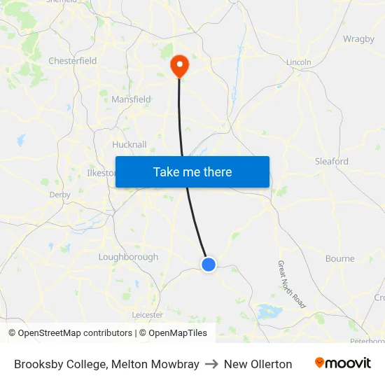 Brooksby College, Melton Mowbray to New Ollerton map