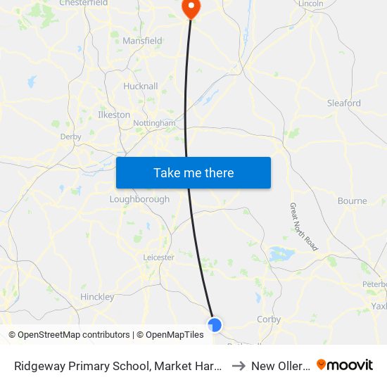 Ridgeway Primary School, Market Harborough to New Ollerton map