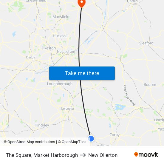 The Square, Market Harborough to New Ollerton map