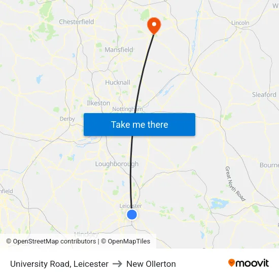 University Road, Leicester to New Ollerton map