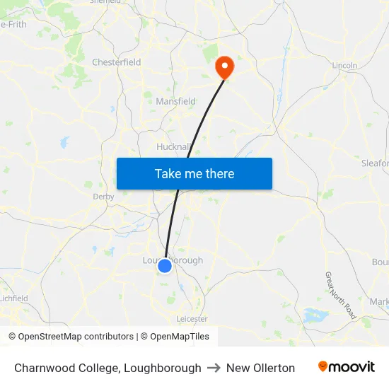 Charnwood College, Loughborough to New Ollerton map