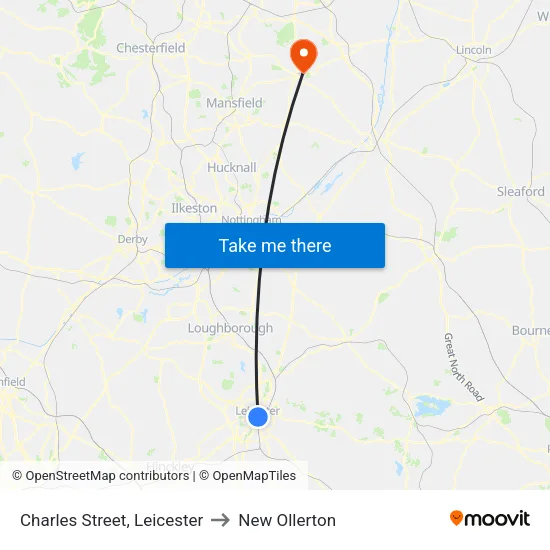 Charles Street, Leicester to New Ollerton map