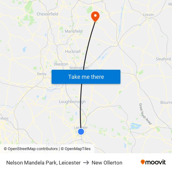 Nelson Mandela Park, Leicester to New Ollerton map