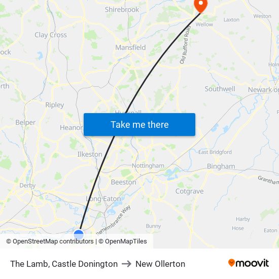 The Lamb, Castle Donington to New Ollerton map