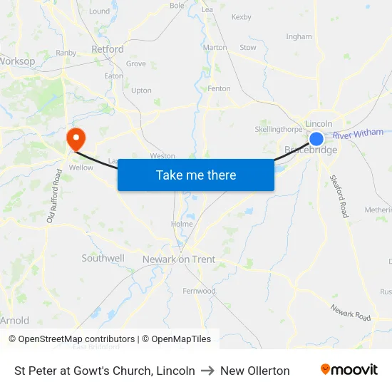 St Peter at Gowt's Church, Lincoln to New Ollerton map