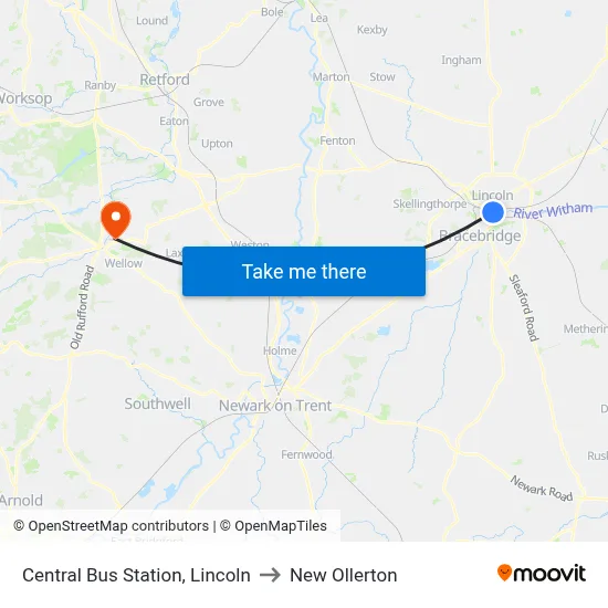 Central Bus Station, Lincoln to New Ollerton map