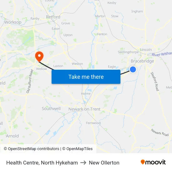 Health Centre, North Hykeham to New Ollerton map