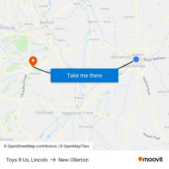 Toys R Us, Lincoln to New Ollerton map