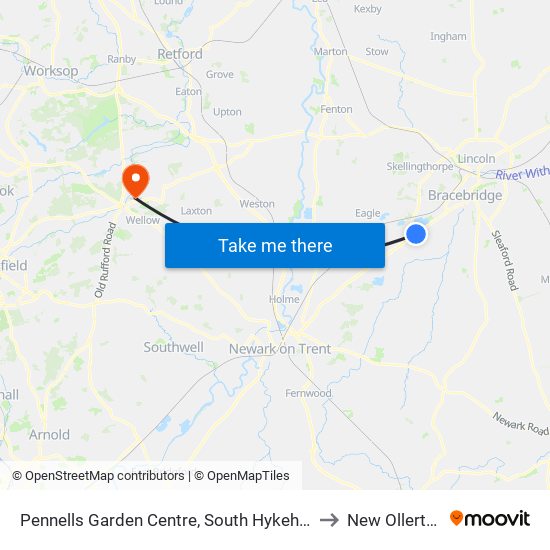 Pennells Garden Centre, South Hykeham to New Ollerton map
