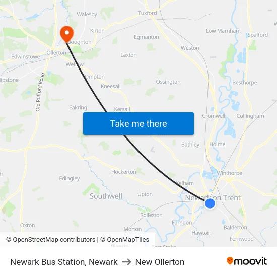 Newark Bus Station, Newark to New Ollerton map