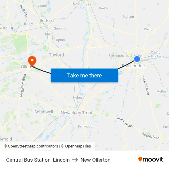 Central Bus Station, Lincoln to New Ollerton map