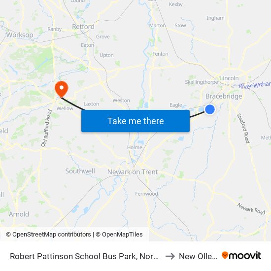 Robert Pattinson School Bus Park, North Hykeham to New Ollerton map