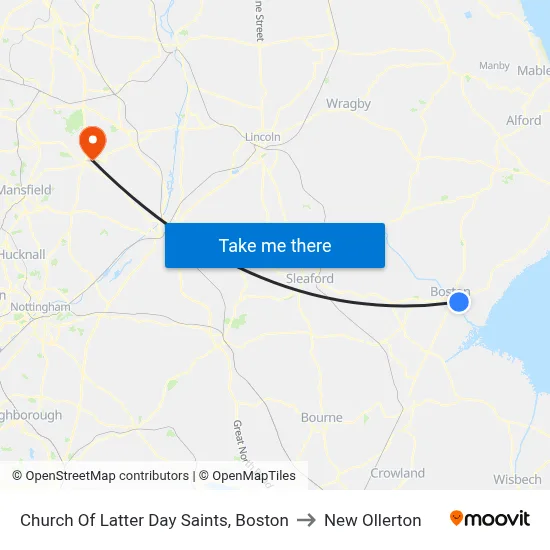 Church Of Latter Day Saints, Boston to New Ollerton map