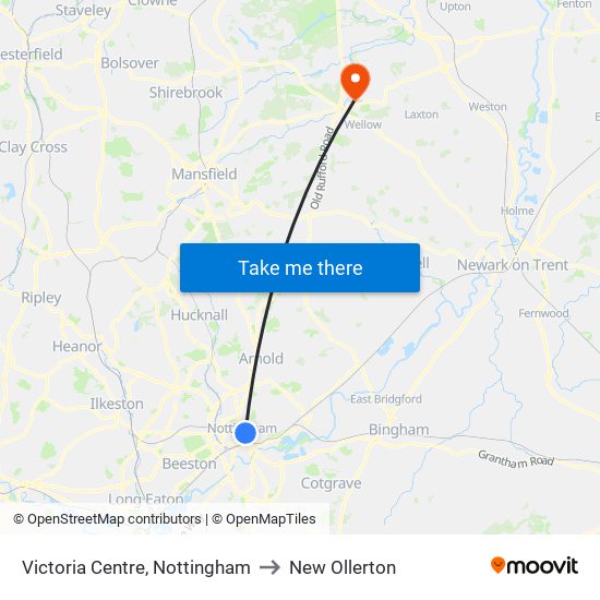 Victoria Centre, Nottingham to New Ollerton map