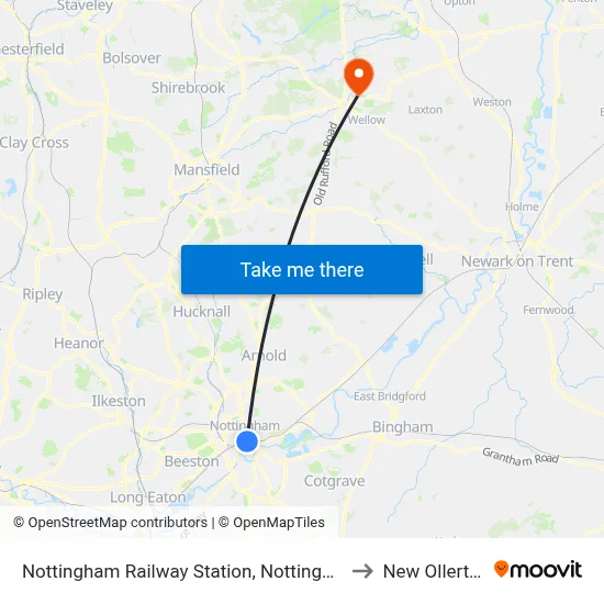 Nottingham Railway Station, Nottingham to New Ollerton map
