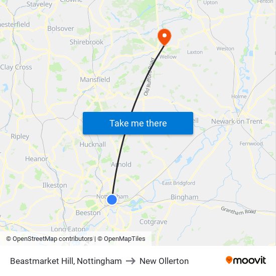 Beastmarket Hill, Nottingham to New Ollerton map
