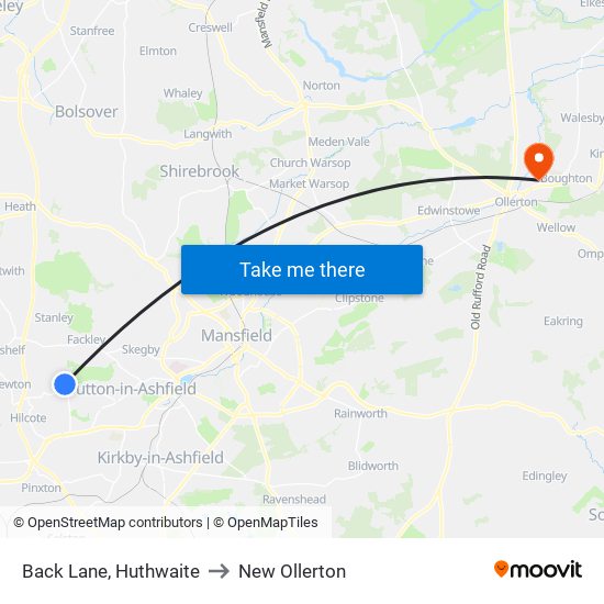 Back Lane, Huthwaite to New Ollerton map