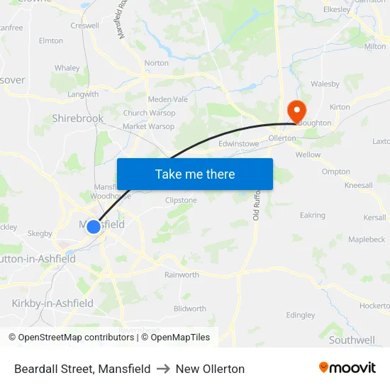 Beardall Street, Mansfield to New Ollerton map
