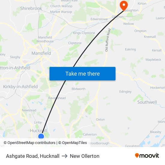 Ashgate Road, Hucknall to New Ollerton map