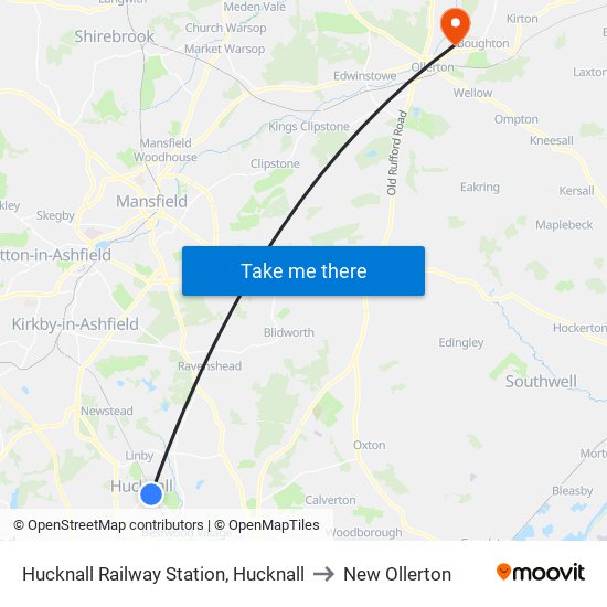 Hucknall Railway Station, Hucknall to New Ollerton map