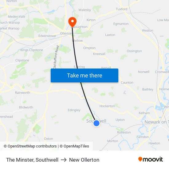 The Minster, Southwell to New Ollerton map