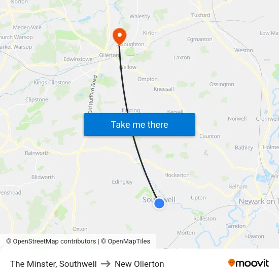 The Minster, Southwell to New Ollerton map