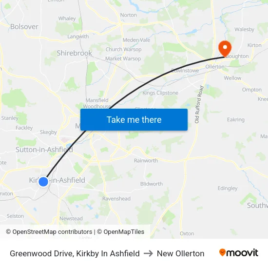 Greenwood Drive, Kirkby In Ashfield to New Ollerton map