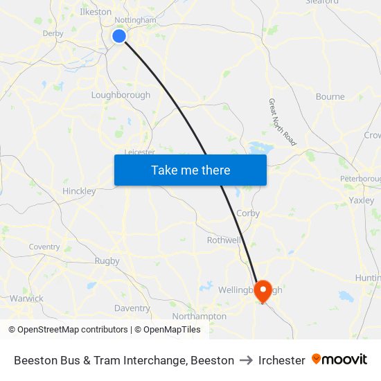 Beeston Bus & Tram Interchange, Beeston to Irchester map