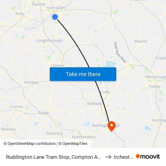 Ruddington Lane Tram Stop, Compton Acres to Irchester map