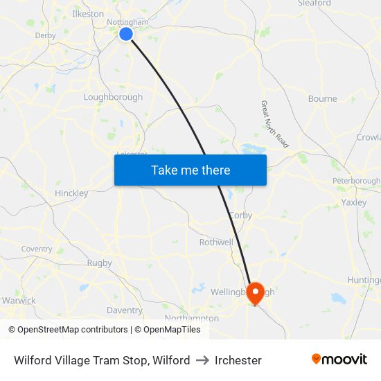 Wilford Village Tram Stop, Wilford to Irchester map