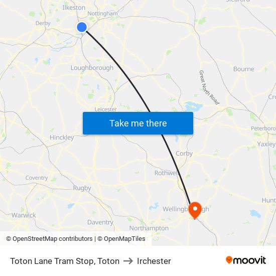 Toton Lane Tram Stop, Toton to Irchester map