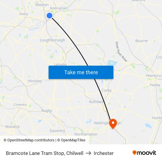 Bramcote Lane Tram Stop, Chilwell to Irchester map