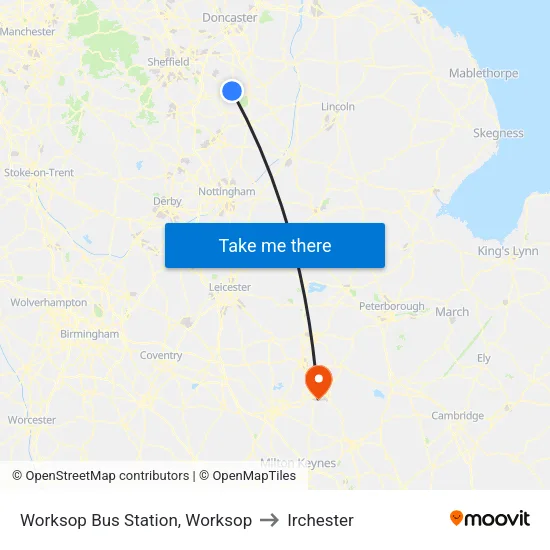 Worksop Bus Station, Worksop to Irchester map