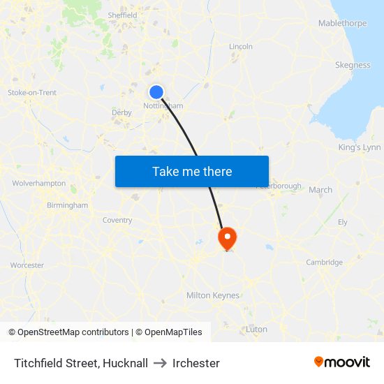 Titchfield Street, Hucknall to Irchester map