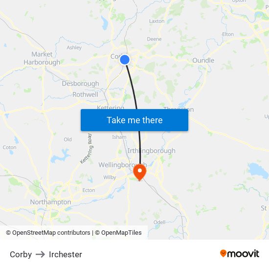 Corby to Irchester map