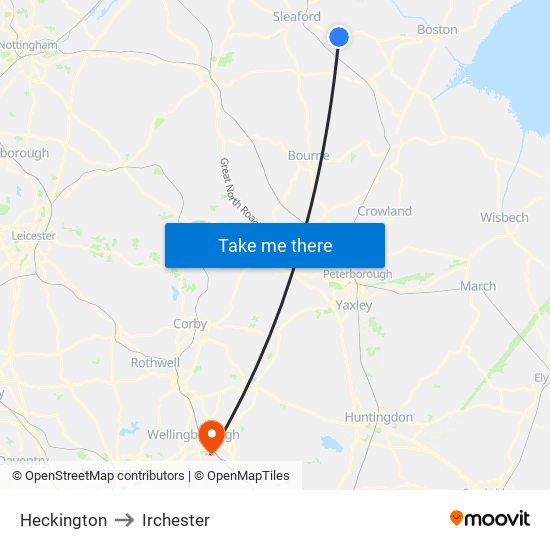 Heckington to Irchester map