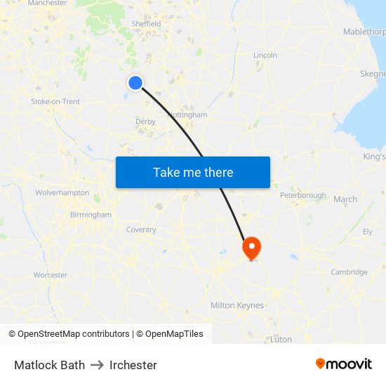 Matlock Bath to Irchester map