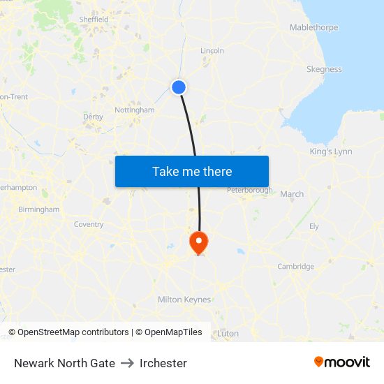 Newark North Gate to Irchester map