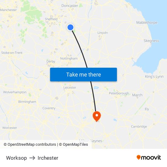 Worksop to Irchester map