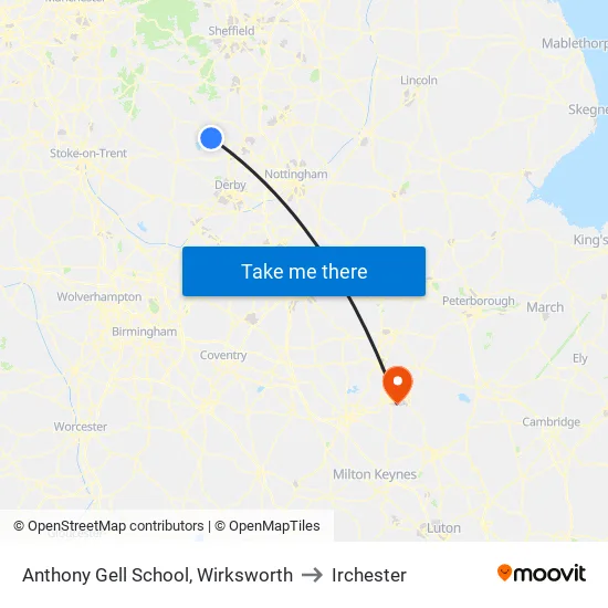 Anthony Gell School, Wirksworth to Irchester map