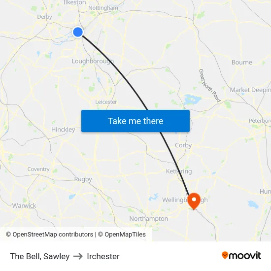 The Bell, Sawley to Irchester map